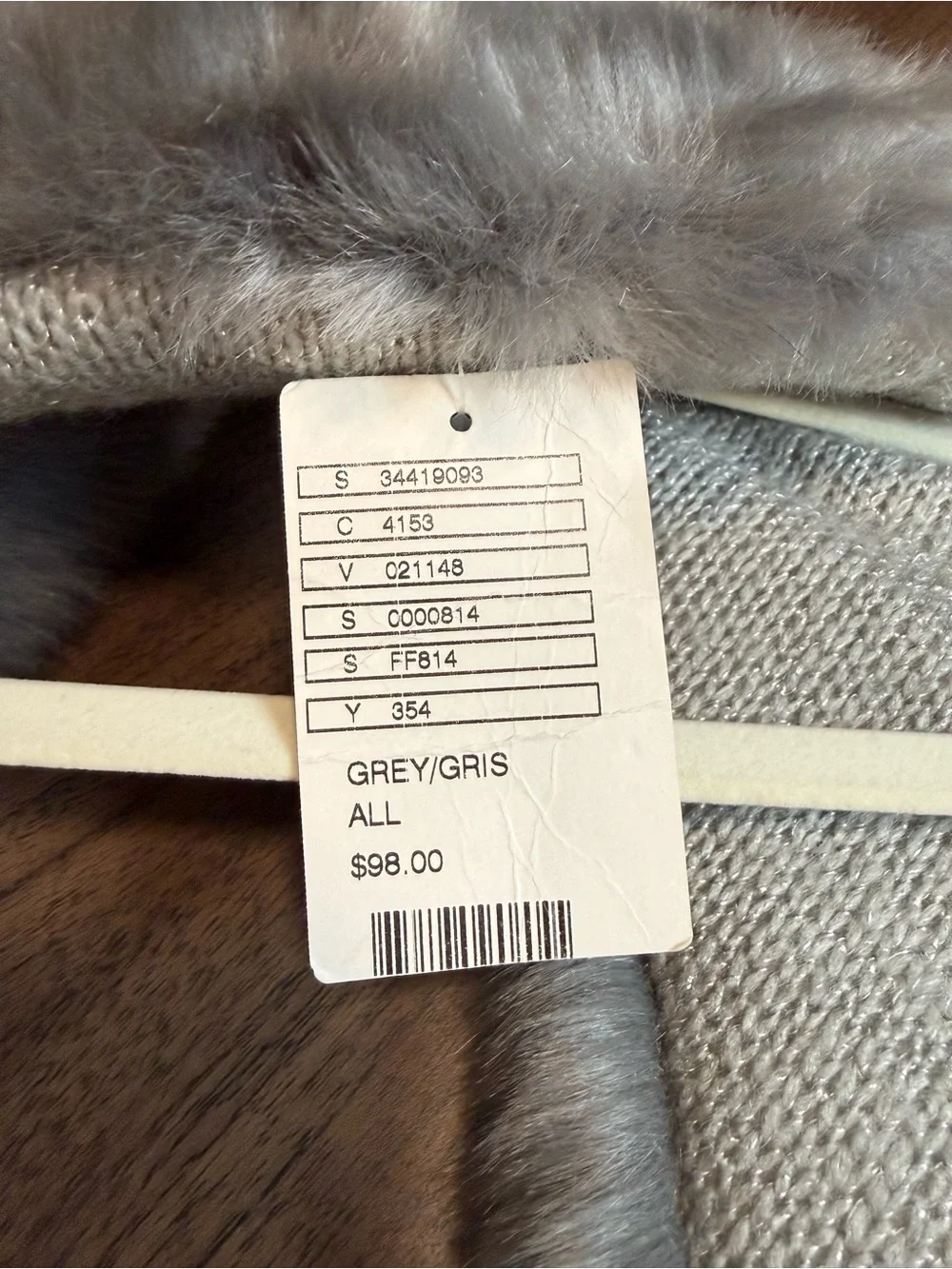 Anthropologie Grey Faux Fur Knit Stole Collar Scarf Metallic Backing